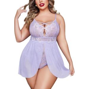 image:imageAvidlove Plus Size Babydoll Womens Snap Crotch Lingerie V Neck Lace Nighty Sleepwear L5XLLilac