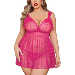 image:imageAvidlove Plus Size Lingeire for women Lace Babydoll Mesh Chemise Sexy Nightwear Sheer Nightie with Lace Up Bows L4XLRose Red