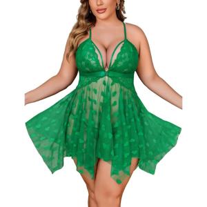 image:imageAvidlove Plus Size Lingerie Lace Babydoll Womens Teddy Chemise V Neck Nighty Mesh Sleepwear Front Slit NightdressJade Green