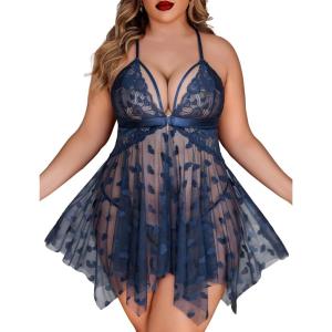 image:imageAvidlove Plus Size Lingerie Lace Babydoll Womens Teddy Chemise V Neck Nighty Mesh Sleepwear Front Slit NightdressNavy Blue
