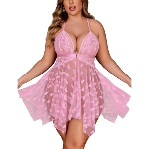 image:imageAvidlove Plus Size Lingerie Lace Babydoll Womens Teddy Chemise V Neck Nighty Mesh Sleepwear Front Slit NightdressPink