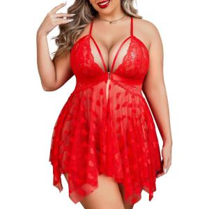 image:imageAvidlove Plus Size Lingerie Lace Babydoll Womens Teddy Chemise V Neck Nighty Mesh Sleepwear Front Slit NightdressRed