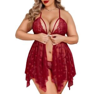 image:imageAvidlove Plus Size Lingerie Lace Babydoll Womens Teddy Chemise V Neck Nighty Mesh Sleepwear Front Slit NightdressWine Red