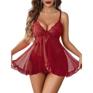 image:imageAvidlove Sexy Lingerie for Women Lace Babydoll Lingerie Dress Boudoir Lingerie VNeck Front Open Ruffle ChemiseBurgundy