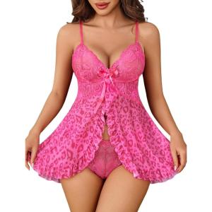 image:imageAvidlove Sexy Lingerie for Women Lace Babydoll Lingerie Dress Boudoir Lingerie VNeck Front Open Ruffle ChemiseRose Red Leopard