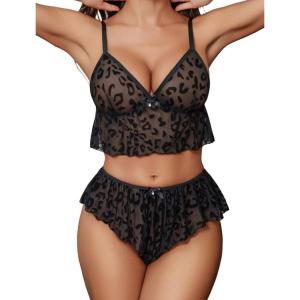 image:imageAvidlove Sexy Pajamas for Women Set Sheer Lingerie Set 2 Piece Mesh Cami Shorts NightwearBlack Leopard