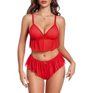 image:imageAvidlove Sexy Pajamas for Women Set Sheer Lingerie Set 2 Piece Mesh Cami Shorts NightwearChristmas Red