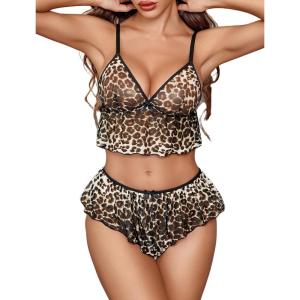 image:imageAvidlove Sexy Pajamas for Women Set Sheer Lingerie Set 2 Piece Mesh Cami Shorts NightwearLeopard Dark