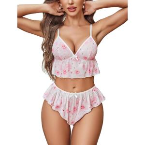 image:imageAvidlove Sexy Pajamas for Women Set Sheer Lingerie Set 2 Piece Mesh Cami Shorts NightwearPink