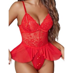 image:imageAvidlove Sexy Teddy Lingerie for Women Lace Bodysuit One Piece Mini BabydollCarimine Red