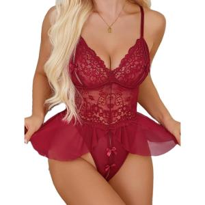 image:imageAvidlove Sexy Teddy Lingerie for Women Lace Bodysuit One Piece Mini BabydollDark Red