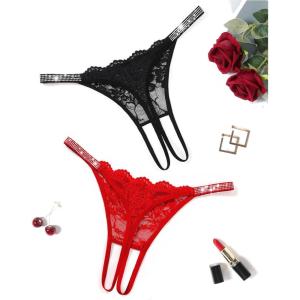 image:imageAvidlove Sexy Thongs for Women Floral Lace Briefs Rhinestones Strap Panties Hollow Out GString Tback Underwear 14 PackBlackred