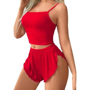 image:imageAvidlove Women Cami Ribbed Pajama Set Sexy Side Slit Sleepwear Soft Lingerie 2 Piece PJ SetRed