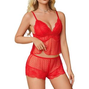 image:imageAvidlove Women Lace Pajamas Lingerie Set Sexy Cami Shorts Sets Mesh Sleepwear 2 Piece SXXLRed