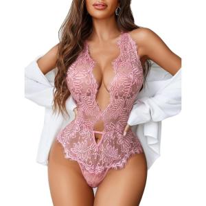 image:imageAvidlove Women One Piece Lingerie Lace Bodysuit Deep V Teddy Mini BabydollDark Pink