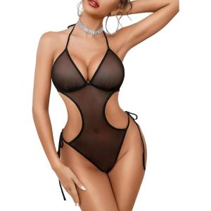 image:imageAvidlove Women Sexy Lingerie Lace Body Suit Deep V Teddy Mesh Bodysuit Cut Out One Piece Mini BabydollBlack