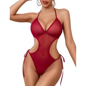 image:imageAvidlove Women Sexy Lingerie Lace Body Suit Deep V Teddy Mesh Bodysuit Cut Out One Piece Mini BabydollRed