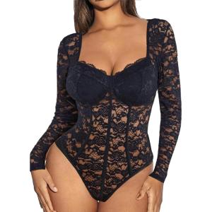 image:imageAvidlove Womens Bodysuits Long Sleeve Body Suits Womens Lace Going Out Tops One Piece Bodysuits for Women with Snap CrotchBlack