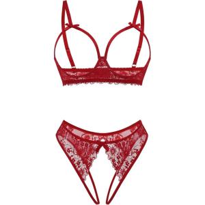 image:imageAvidlove Womens Exotic Lingerie Sets Naughty 2 Pieces Bra Panty Set Sexy Cutout Lace LingerieWine Red