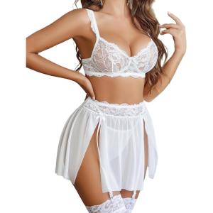 image:imageAvidlove Womens Lingerie Set 3 Piece Garter Lingerie Lace Bra and Skirt Set SXXLWhite