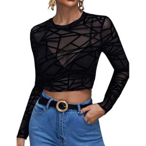 image:imageAvidlove Womens Mesh Tops Long Sleeve See Through Tee Shirt Crop Sheer Blouse Sexy Clubwear XS4XLAbpattern 7