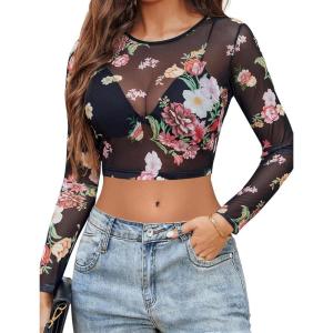 image:imageAvidlove Womens Mesh Tops Long Sleeve See Through Tee Shirt Crop Sheer Blouse Sexy Clubwear XS4XLBf298
