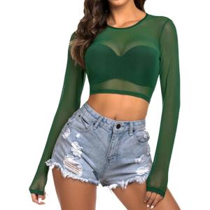 image:imageAvidlove Womens Mesh Tops Long Sleeve See Through Tee Shirt Crop Sheer Blouse Sexy Clubwear XS4XLDark Green