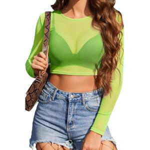 image:imageAvidlove Womens Mesh Tops Long Sleeve See Through Tee Shirt Crop Sheer Blouse Sexy Clubwear XS4XLNeon Green