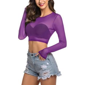image:imageAvidlove Womens Mesh Tops Long Sleeve See Through Tee Shirt Crop Sheer Blouse Sexy Clubwear XS4XLPurple