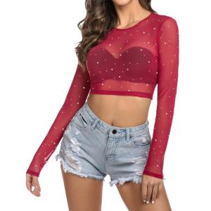 image:imageAvidlove Womens Mesh Tops Long Sleeve See Through Tee Shirt Crop Sheer Blouse Sexy Clubwear XS4XLZ Wine Red With Rhinestone