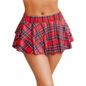 image:imageAvidlove Womens Pleated Mini Skirt Solid Ruffle Lingerie Skirts Layered Y2K Plaid Outfit for Schoolgirl Role Play XS4XLBlack Red Plaid