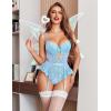 image:imageAvidlove Lingerie for Women Mesh Lace Bodysuit Sexy Wireless Garter Lingerie Set Teddy LingerieNo StockingsLight Blue