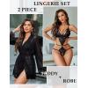 image:imageAvidlove Women Sexy Lingerie Set 2 Piece Lace Teddy with Mesh Kimono Robe Bodysuit NightgownBlack