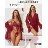 image:imageAvidlove Women Sexy Lingerie Set 2 Piece Lace Teddy with Mesh Kimono Robe Bodysuit NightgownDark Red