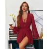 image:imageAvidlove Women Sexy Lingerie Set 2 Piece Lace Teddy with Mesh Kimono Robe Bodysuit NightgownDark Red
