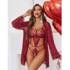 image:imageAvidlove Women Sexy Lingerie Set 2 Piece Lace Teddy with Mesh Kimono Robe Bodysuit NightgownDark Red