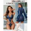 image:imageAvidlove Women Sexy Lingerie Set 2 Piece Lace Teddy with Mesh Kimono Robe Bodysuit NightgownNavy Blue