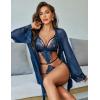 image:imageAvidlove Women Sexy Lingerie Set 2 Piece Lace Teddy with Mesh Kimono Robe Bodysuit NightgownNavy Blue