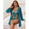 image:imageAvidlove Women Sexy Lingerie Set 2 Piece Lace Teddy with Mesh Kimono Robe Bodysuit NightgownPeacock Blue