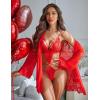 image:imageAvidlove Women Sexy Lingerie Set 2 Piece Lace Teddy with Mesh Kimono Robe Bodysuit NightgownRed