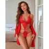 image:imageAvidlove Women Sexy Lingerie Set 2 Piece Lace Teddy with Mesh Kimono Robe Bodysuit NightgownRed