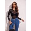image:imageAvidlove Womens Mesh Long Sleeve Bodysuit Round Neck Sheer Leotards Geo Print Bodysuit Top with Snap CrotchBlack02