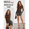 image:imageAvidlove Womens Mesh Long Sleeve Bodysuit Round Neck Sheer Leotards Geo Print Bodysuit Top with Snap CrotchBrown