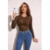 image:imageAvidlove Womens Mesh Long Sleeve Bodysuit Round Neck Sheer Leotards Geo Print Bodysuit Top with Snap CrotchBrown