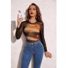 image:imageAvidlove Womens Mesh Long Sleeve Bodysuit Round Neck Sheer Leotards Geo Print Bodysuit Top with Snap CrotchBrown Orange