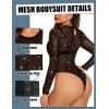 image:imageAvidlove Womens Mesh Long Sleeve Bodysuit Round Neck Sheer Leotards Geo Print Bodysuit Top with Snap CrotchGold Star