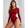 image:imageAvidlove Womens Mesh Long Sleeve Bodysuit Round Neck Sheer Leotards Geo Print Bodysuit Top with Snap CrotchRed
