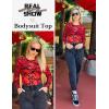 image:imageAvidlove Womens Mesh Long Sleeve Bodysuit Round Neck Sheer Leotards Geo Print Bodysuit Top with Snap CrotchRed