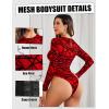 image:imageAvidlove Womens Mesh Long Sleeve Bodysuit Round Neck Sheer Leotards Geo Print Bodysuit Top with Snap CrotchRed