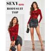 image:imageAvidlove Womens Mesh Long Sleeve Bodysuit Round Neck Sheer Leotards Geo Print Bodysuit Top with Snap CrotchRed